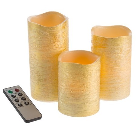 HASTINGS HOME Set of 3 Flameless LED Candles, Real Wax Battery Powered Pillar, Distressed Gold Metallic Finish 556060RUG